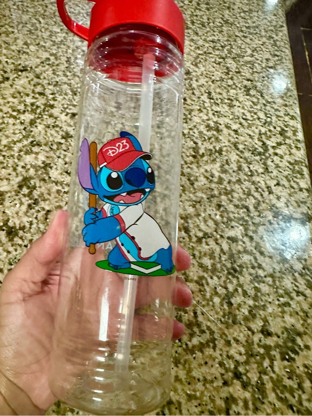Disney Clear Water Bottle with Blue Stitch and Red Lid